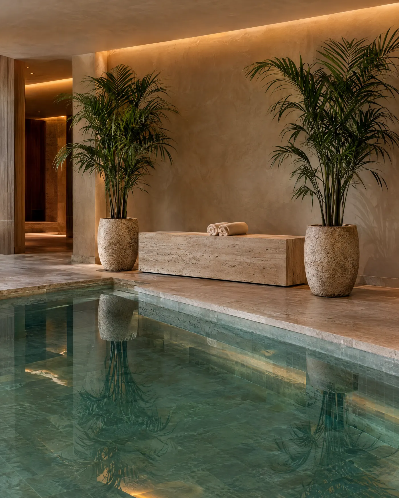 Ruhiger Spa-Bereich mit Wasserbecken und Palmen